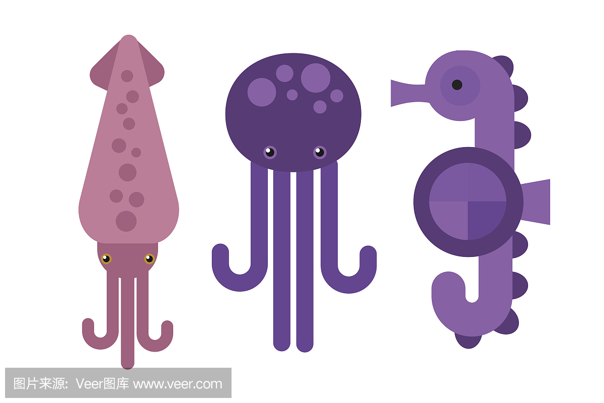 海马和海洋生物动物章鱼鱿鱼矢量插图