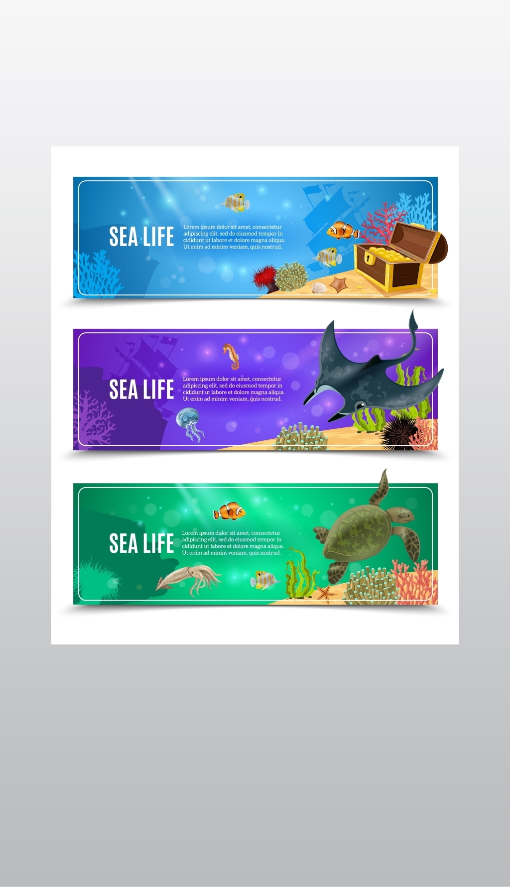 原创海洋生物旗帜集海底海洋生物的变体和海底装矢量图-版权可商用