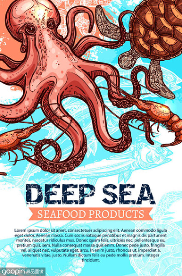 Seafood product and deep sea fishing sketch banner