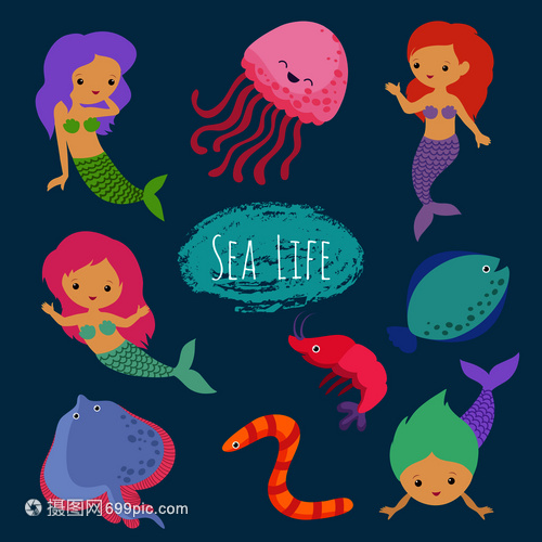 美人鱼女孩公主和海洋生物
