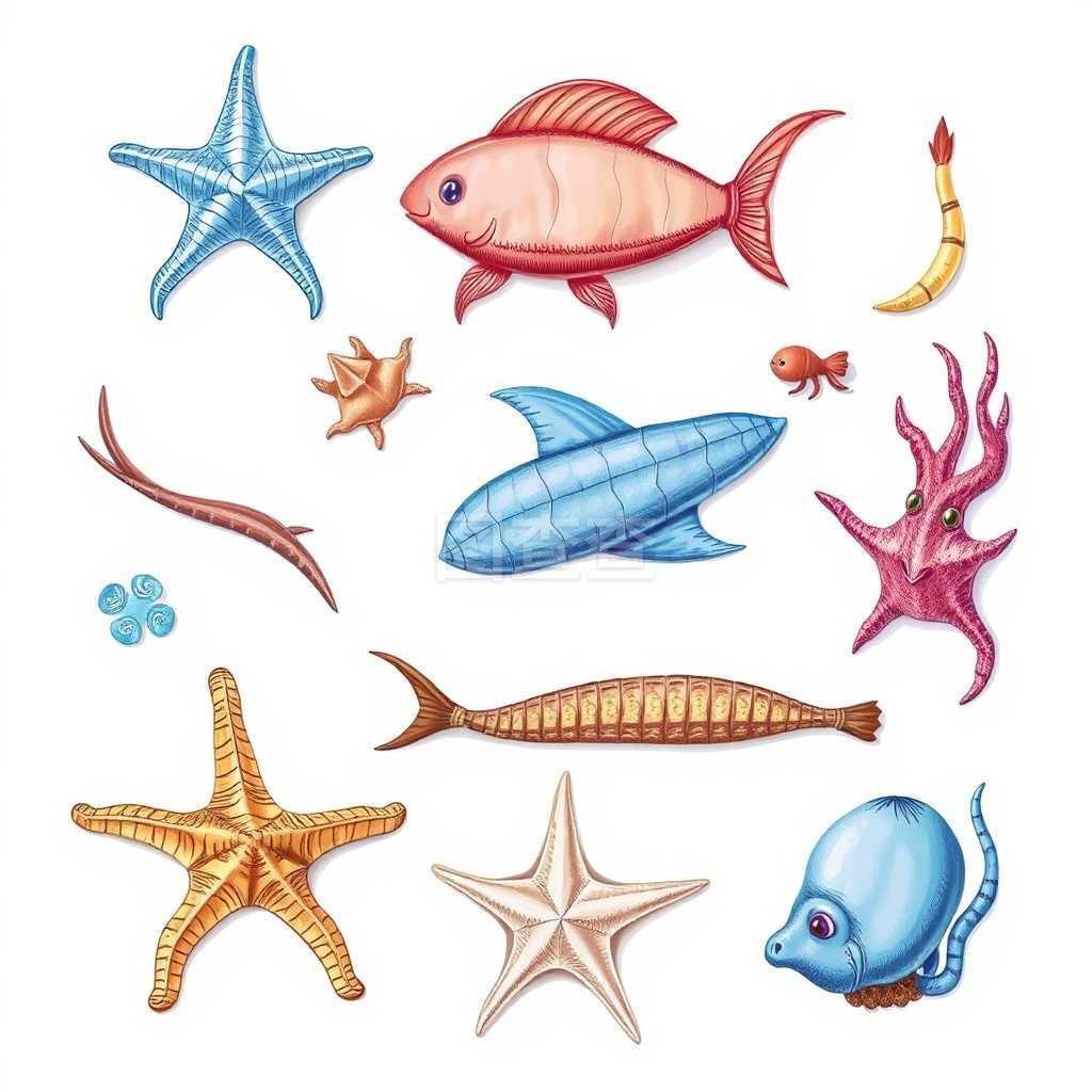 一组白色背景的海洋生物
